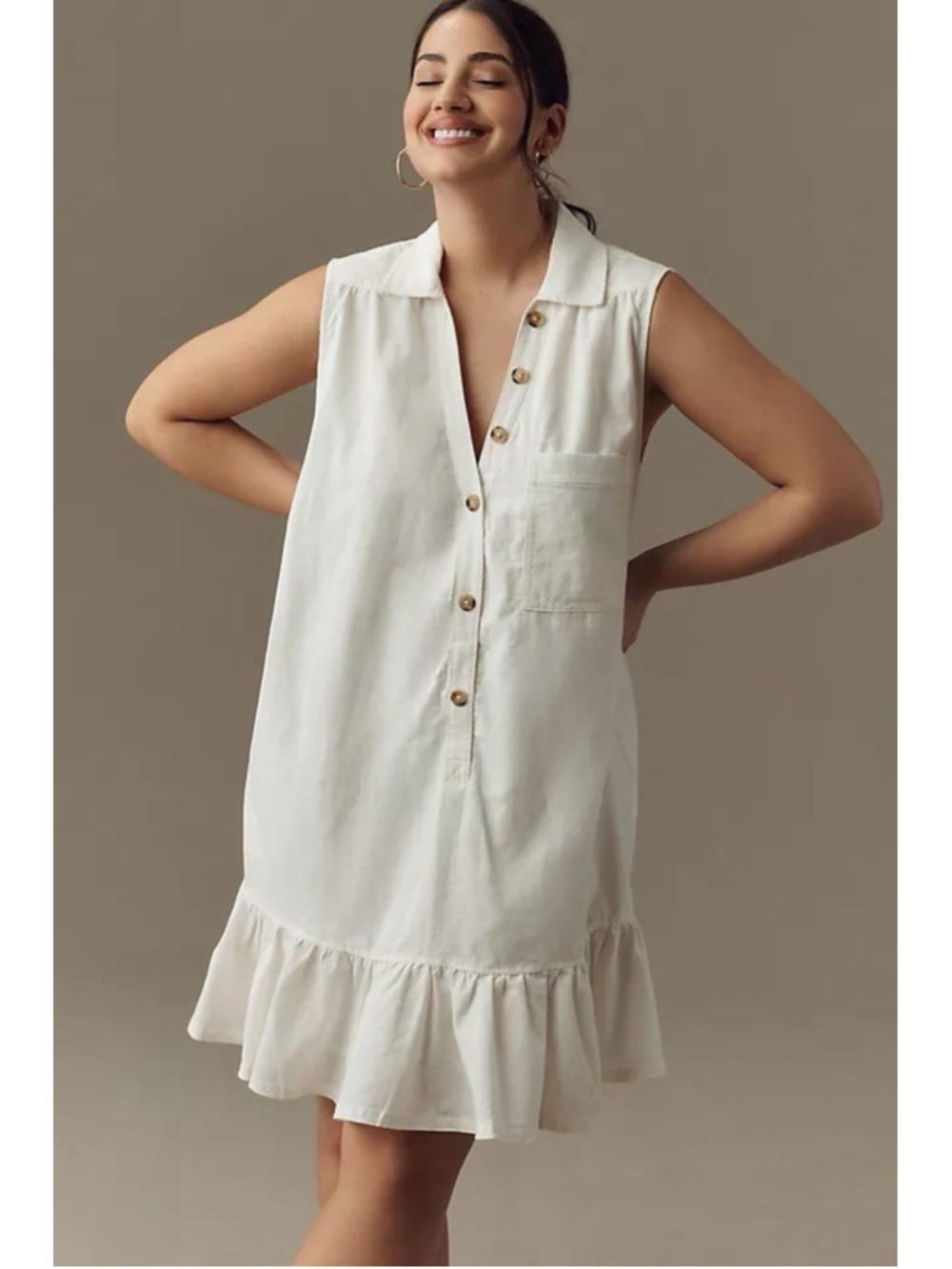Anthropologie Pilcro Sleeveless V-Neck Linen Flounce Mini Dress XL Coastal Boho - Picture 2 of 11